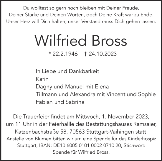 Traueranzeige von Wilfried Bross von Stuttgarter Zeitung / Stuttgarter Nachrichten
