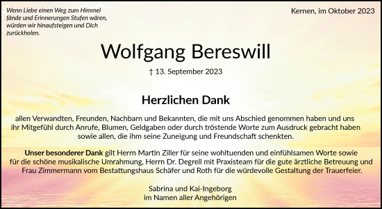 Traueranzeige von Wolfgang Bereswill von Stuttgarter Zeitung / Stuttgarter Nachrichten