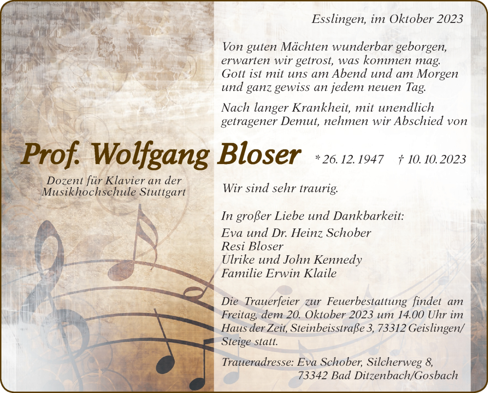  Traueranzeige für Wolfgang Bloser vom 14.10.2023 aus Stuttgarter Zeitung / Stuttgarter Nachrichten