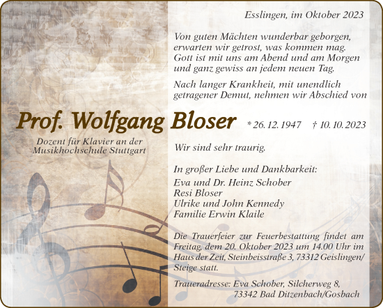 Traueranzeige von Wolfgang Bloser von Stuttgarter Zeitung / Stuttgarter Nachrichten