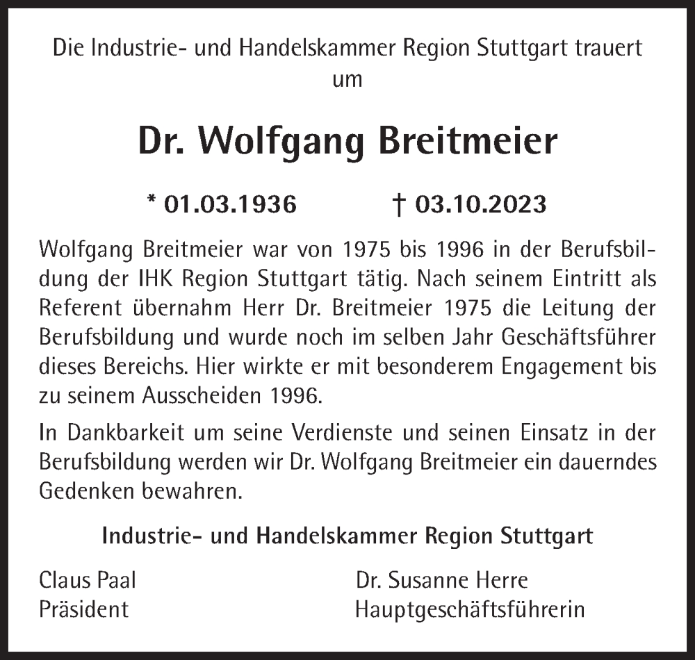  Traueranzeige für Wolfgang Breitmeier vom 14.10.2023 aus Stuttgarter Zeitung / Stuttgarter Nachrichten