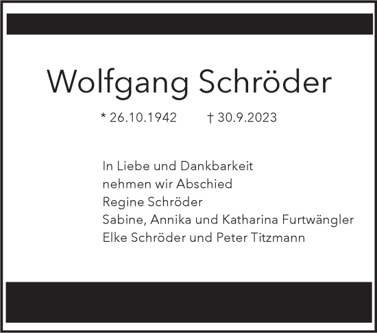 Traueranzeige von Wolfgang Schröder von Stuttgarter Zeitung / Stuttgarter Nachrichten