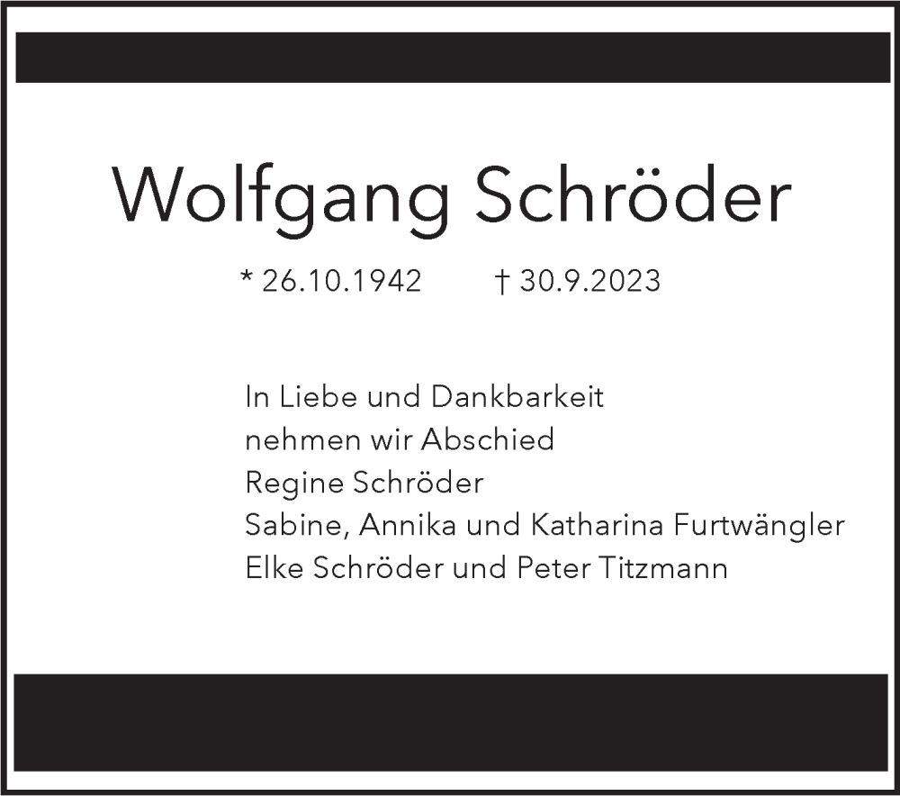  Traueranzeige für Wolfgang Schröder vom 05.10.2023 aus Stuttgarter Zeitung / Stuttgarter Nachrichten