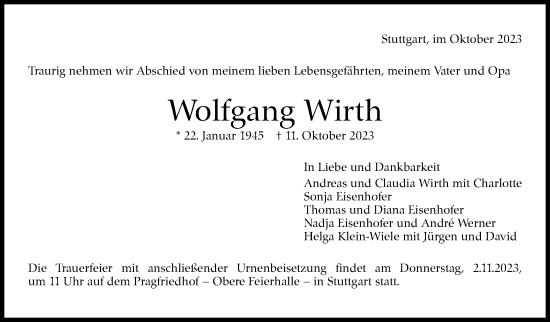 Traueranzeige von Wolfgang Wirth von Stuttgarter Zeitung / Stuttgarter Nachrichten