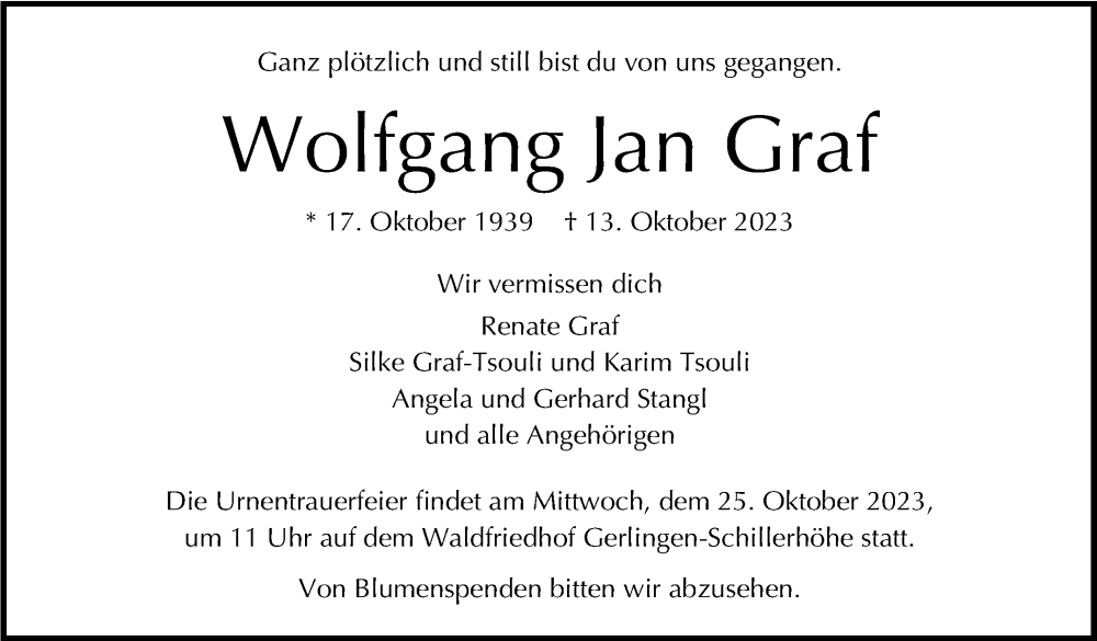  Traueranzeige für Wolfgang Jan Graf vom 20.10.2023 aus Stuttgarter Zeitung / Stuttgarter Nachrichten