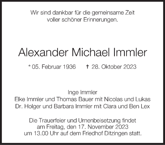 Traueranzeige von Alexander Michael Immler von Stuttgarter Zeitung / Stuttgarter Nachrichten