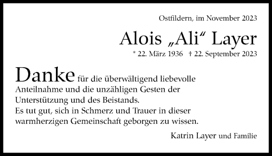 Traueranzeige von Alois Layer von Stuttgarter Zeitung / Stuttgarter Nachrichten