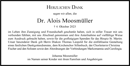 Traueranzeige von Alois Moosmüller von Stuttgarter Zeitung / Stuttgarter Nachrichten