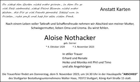 Traueranzeige von Aloise Nothacker von Stuttgarter Zeitung / Stuttgarter Nachrichten