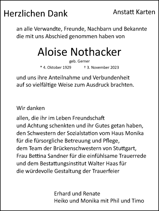 Traueranzeige von Aloise Nothacker von Stuttgarter Zeitung / Stuttgarter Nachrichten