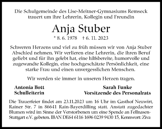 Traueranzeige von Anja Stuber von Stuttgarter Zeitung / Stuttgarter Nachrichten