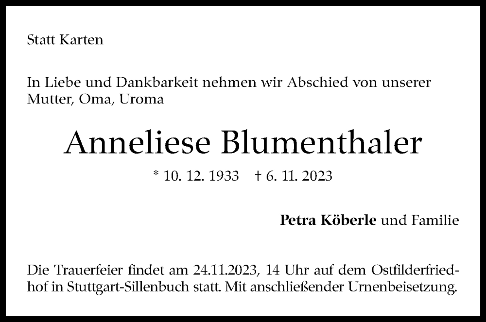  Traueranzeige für Anneliese Blumenthaler vom 16.11.2023 aus Stuttgarter Zeitung / Stuttgarter Nachrichten