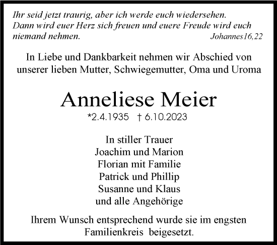 Traueranzeige von Anneliese Meier von Stuttgarter Zeitung / Stuttgarter Nachrichten