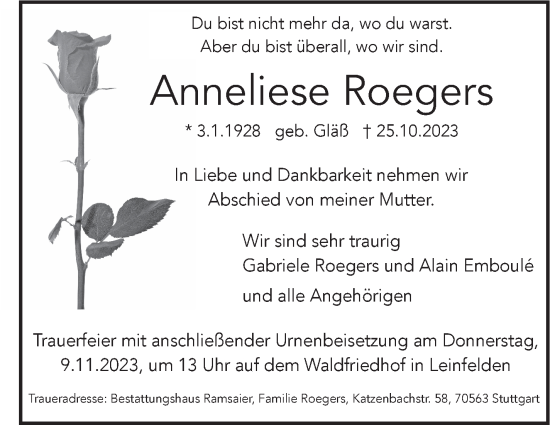 Traueranzeige von Anneliese Roegers von Stuttgarter Zeitung / Stuttgarter Nachrichten