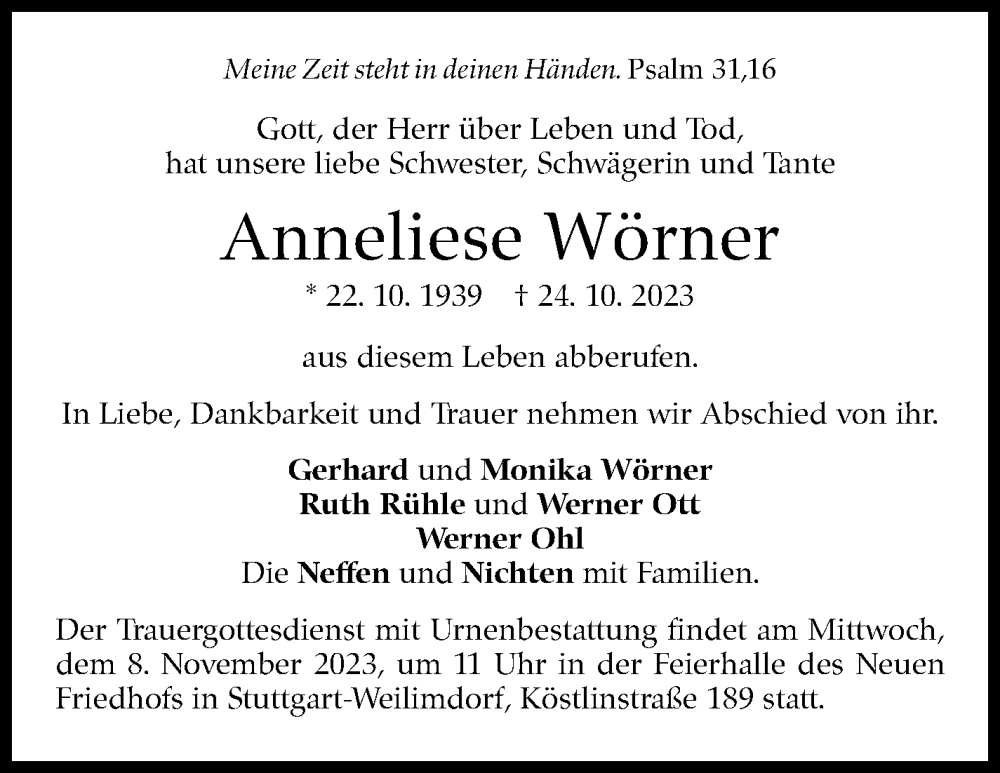  Traueranzeige für Anneliese Wörner vom 04.11.2023 aus Stuttgarter Zeitung / Stuttgarter Nachrichten