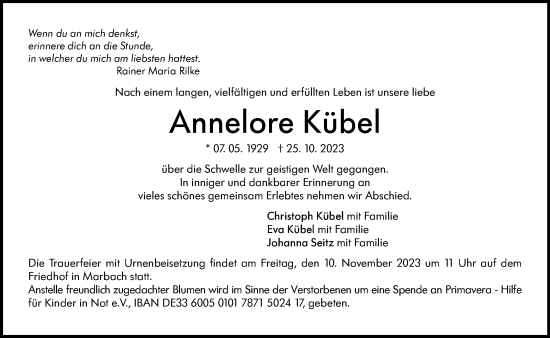 Traueranzeige von Annelore Kübel von Stuttgarter Zeitung / Stuttgarter Nachrichten
