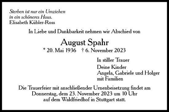 Traueranzeige von August Spahr von Stuttgarter Zeitung / Stuttgarter Nachrichten