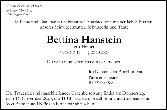 Traueranzeige von Bettina Hanstein von Stuttgarter Zeitung / Stuttgarter Nachrichten