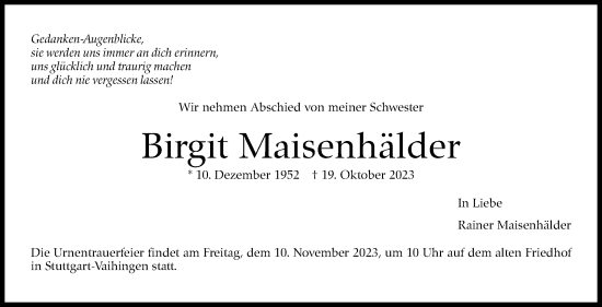 Traueranzeige von Birgit Maisenhälder von Stuttgarter Zeitung / Stuttgarter Nachrichten
