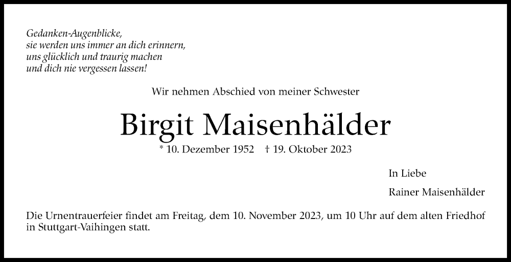  Traueranzeige für Birgit Maisenhälder vom 04.11.2023 aus Stuttgarter Zeitung / Stuttgarter Nachrichten