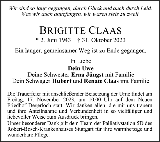 Traueranzeige von Brigitte Claas von Stuttgarter Zeitung / Stuttgarter Nachrichten
