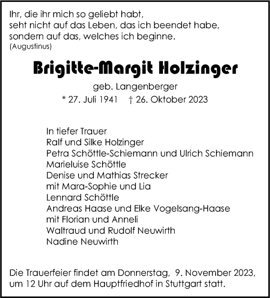 Traueranzeige von Brigitte-Margit Holzinger von Stuttgarter Zeitung / Stuttgarter Nachrichten