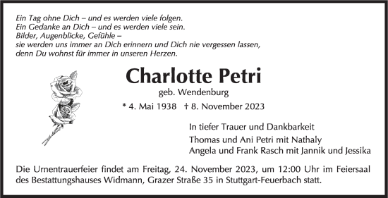 Traueranzeige von Charlotte Petri von Stuttgarter Zeitung / Stuttgarter Nachrichten