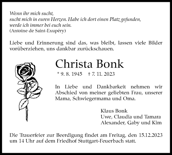 Traueranzeige von Christa Bonk von Stuttgarter Zeitung / Stuttgarter Nachrichten