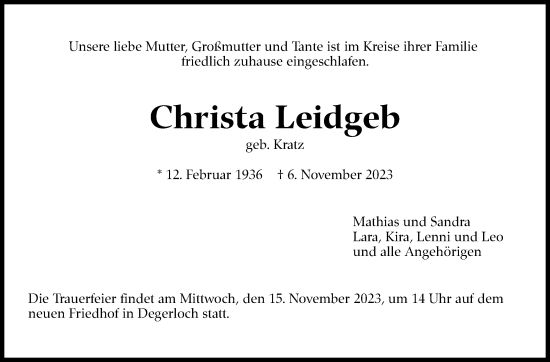 Traueranzeige von Christa Leidgeb von Stuttgarter Zeitung / Stuttgarter Nachrichten