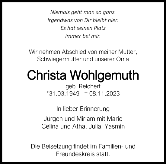 Traueranzeige von Christa Wohlgemuth von Stuttgarter Zeitung / Stuttgarter Nachrichten