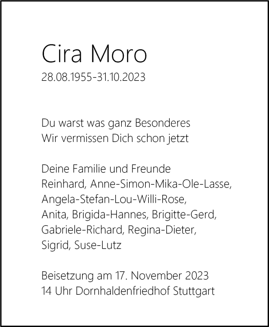 Traueranzeige von Cira Moro von Stuttgarter Zeitung / Stuttgarter Nachrichten