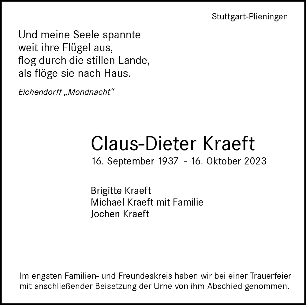  Traueranzeige für Claus-Dieter Kraeft vom 09.11.2023 aus Stuttgarter Zeitung / Stuttgarter Nachrichten