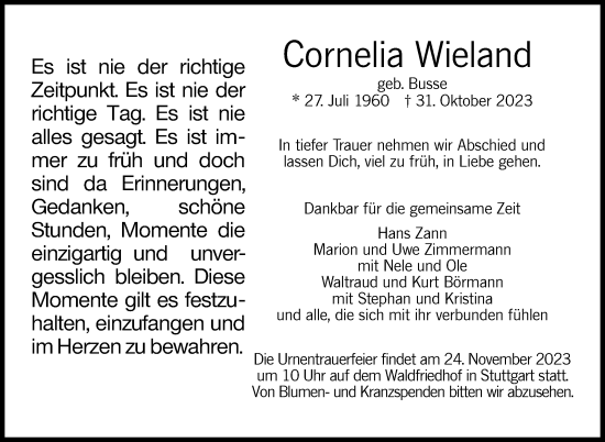 Traueranzeige von Cornelia Wieland von Stuttgarter Zeitung / Stuttgarter Nachrichten