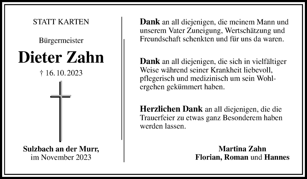  Traueranzeige für Dieter Zahn vom 11.11.2023 aus Stuttgarter Zeitung / Stuttgarter Nachrichten