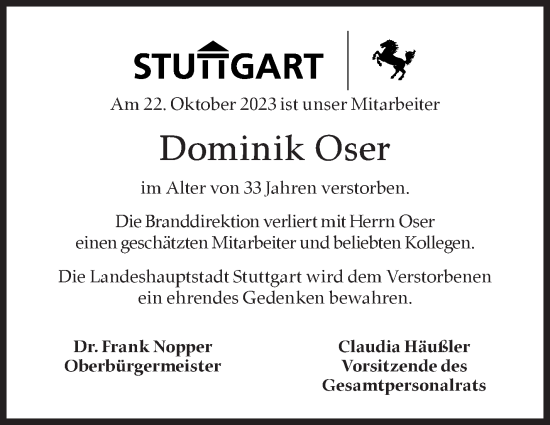 Traueranzeige von Dominik Oser von Stuttgarter Zeitung / Stuttgarter Nachrichten