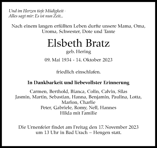 Traueranzeige von Elsbeth Bratz von Stuttgarter Zeitung / Stuttgarter Nachrichten