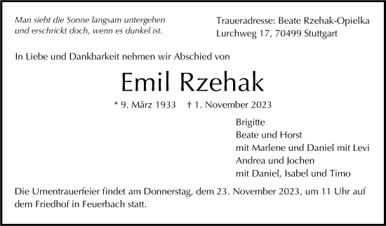 Traueranzeige von Emil Rzehak von Stuttgarter Zeitung / Stuttgarter Nachrichten