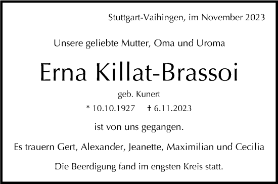 Traueranzeige von Erna Killat-Brassoi von Stuttgarter Zeitung / Stuttgarter Nachrichten