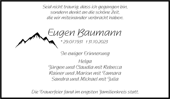 Traueranzeige von Eugen Baumann von Stuttgarter Zeitung / Stuttgarter Nachrichten