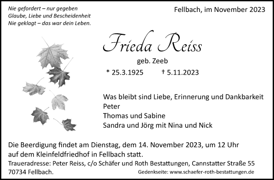 Traueranzeige von Frieda Reiss von Stuttgarter Zeitung / Stuttgarter Nachrichten