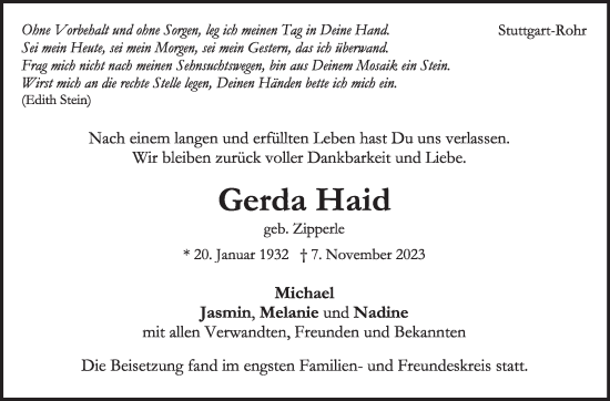 Traueranzeige von Gerda Haid von Stuttgarter Zeitung / Stuttgarter Nachrichten