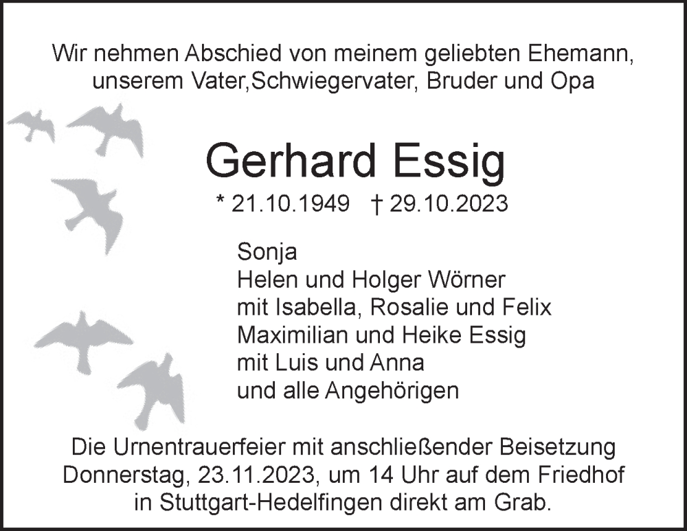  Traueranzeige für Gerhard Essig vom 16.11.2023 aus Stuttgarter Zeitung / Stuttgarter Nachrichten