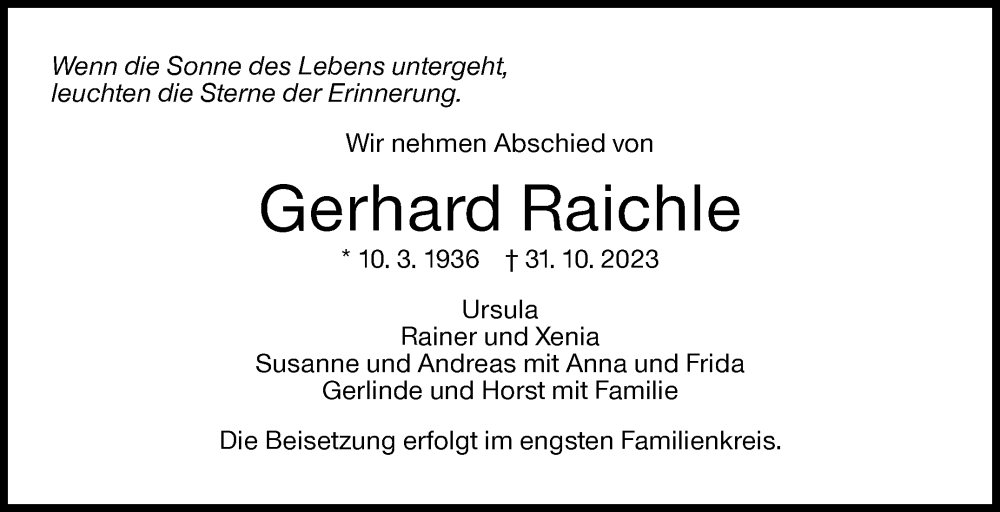  Traueranzeige für Gerhard Raichle vom 04.11.2023 aus Stuttgarter Zeitung / Stuttgarter Nachrichten