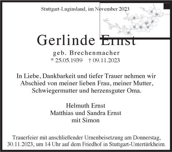 Traueranzeige von Gerlinde Ernst von Stuttgarter Zeitung / Stuttgarter Nachrichten