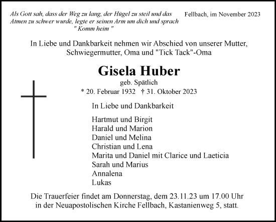 Traueranzeige von Gisela Huber von Stuttgarter Zeitung / Stuttgarter Nachrichten