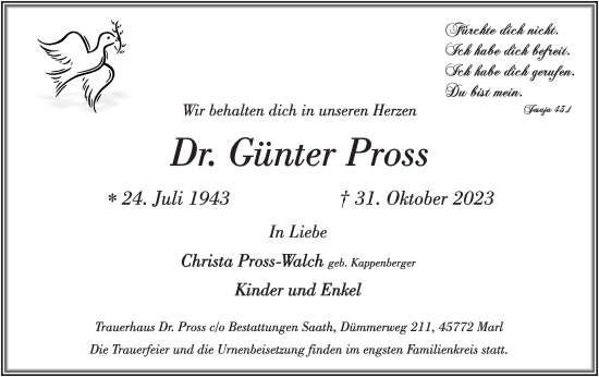 Traueranzeige von Günter Pross von Stuttgarter Zeitung / Stuttgarter Nachrichten