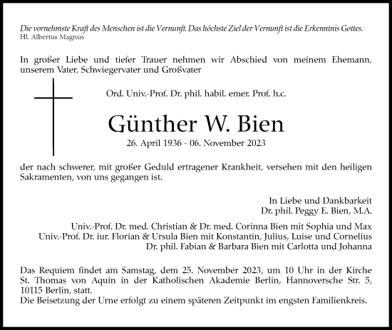 Traueranzeige von Günther W. Bien von Stuttgarter Zeitung / Stuttgarter Nachrichten