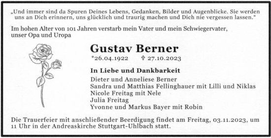 Traueranzeige von Gustav Berner von Stuttgarter Zeitung / Stuttgarter Nachrichten