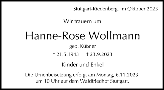 Traueranzeige von Hanne-Rose Wollmann von Stuttgarter Zeitung / Stuttgarter Nachrichten