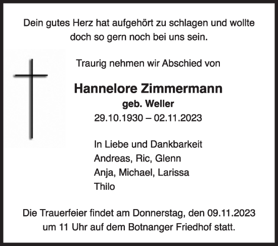 Traueranzeige von Hannelore Zimmermann von Stuttgarter Zeitung / Stuttgarter Nachrichten